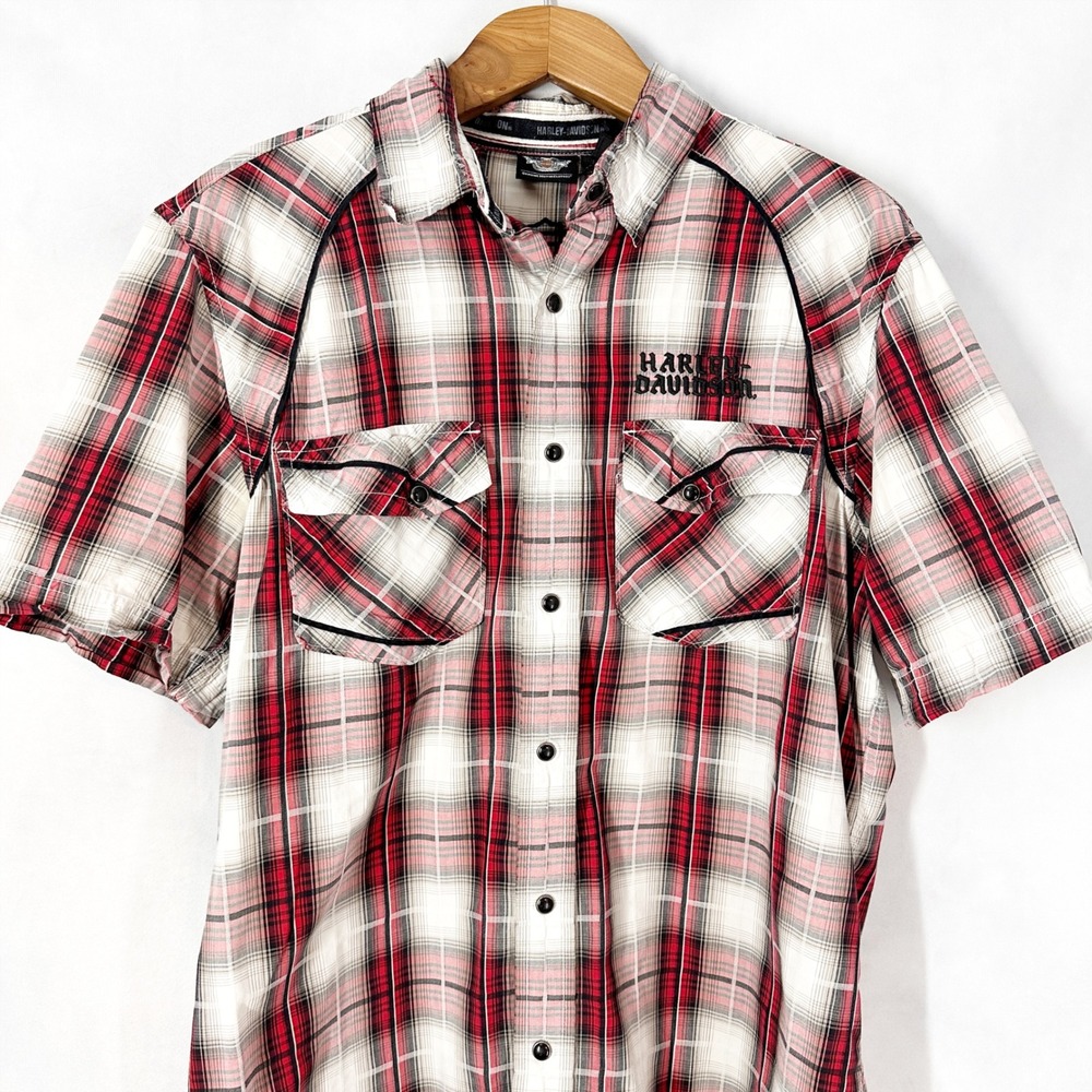 Harley-Davidson Short Sleeve Plaid Red Black Button Down Shirt Mens Size Large